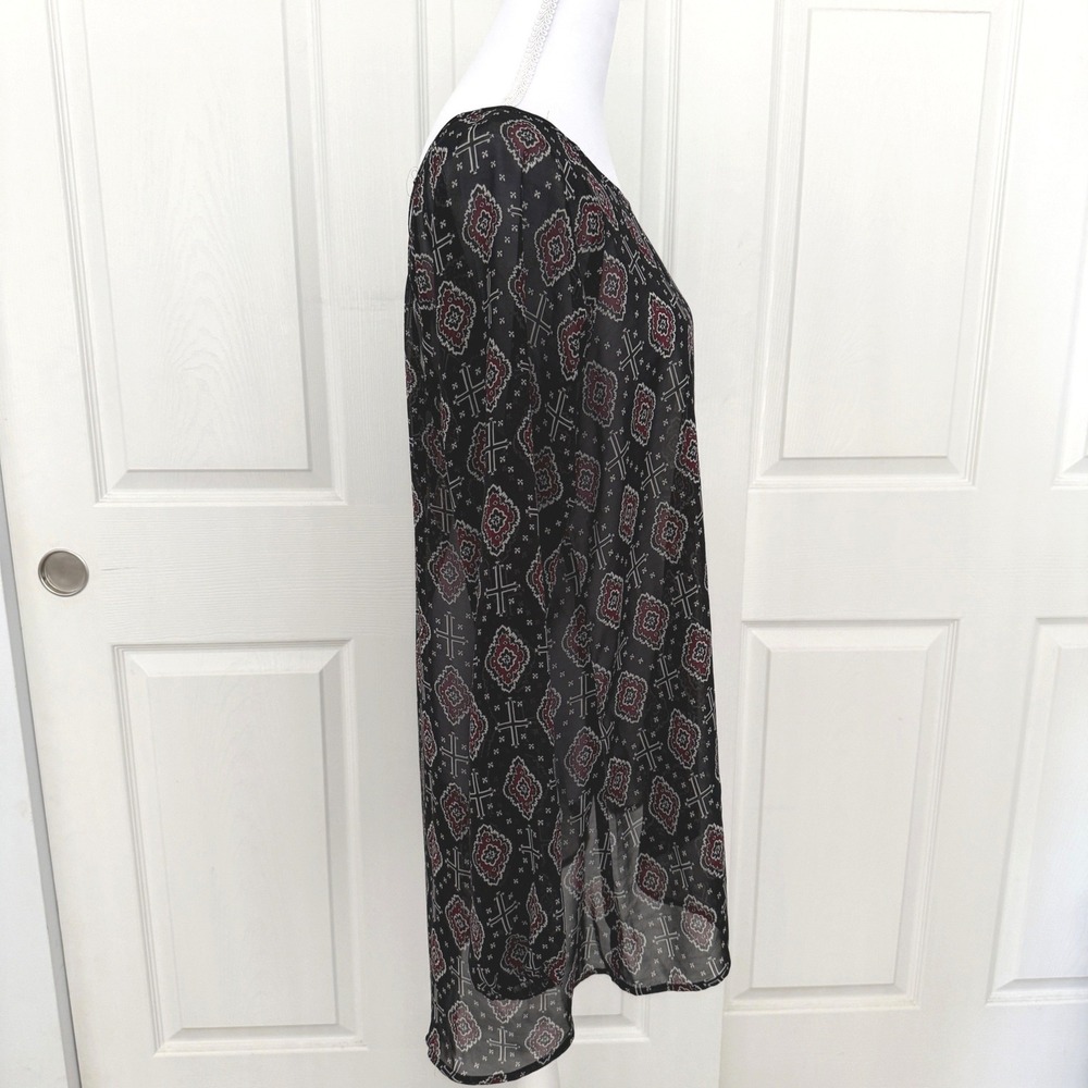 Maurices Tunic Top Womens L Black Burgundy Cross Medallion Sheer Strappy Back - Picture 2 of 7